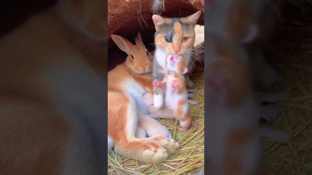 The Moment Cat Mom Retrieved Her Baby from a Rabbit Nest 🐇✨#CatMom #RabbitMom #KittenRescue