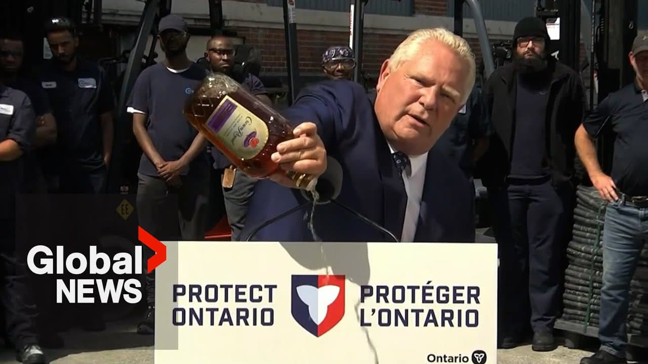 "Dumb as a bag of hammers": Doug Ford dumps out bottle of Crown Royal in protest of plant closure