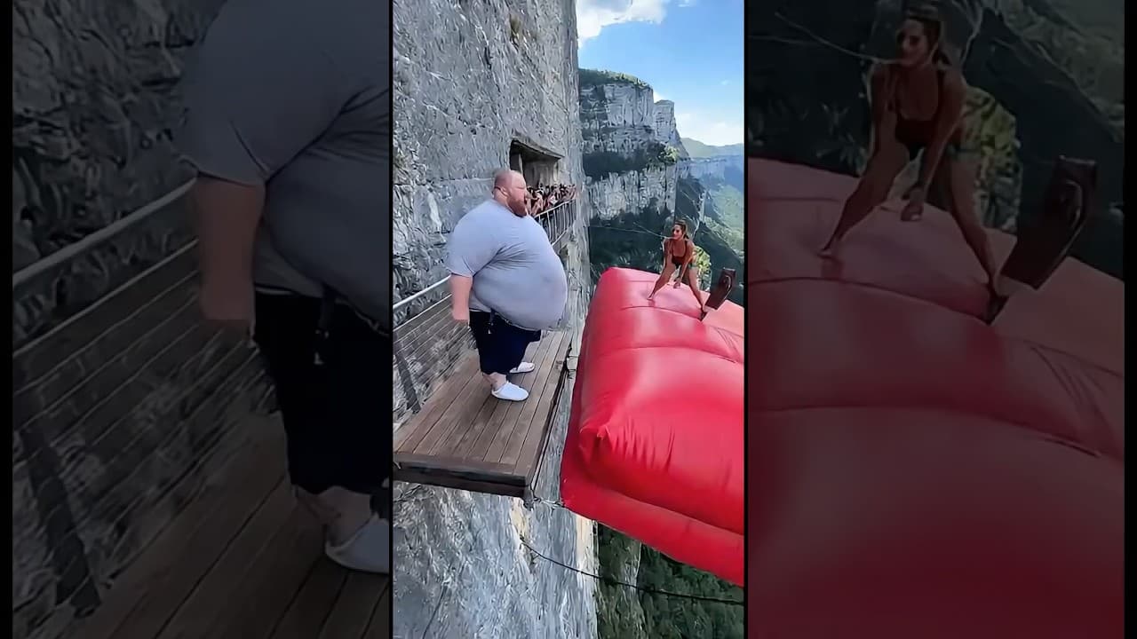 Cliff airbag is wild! 😱🔥 Guy jumps, girl flies! #ScaryRide #TravelWonder