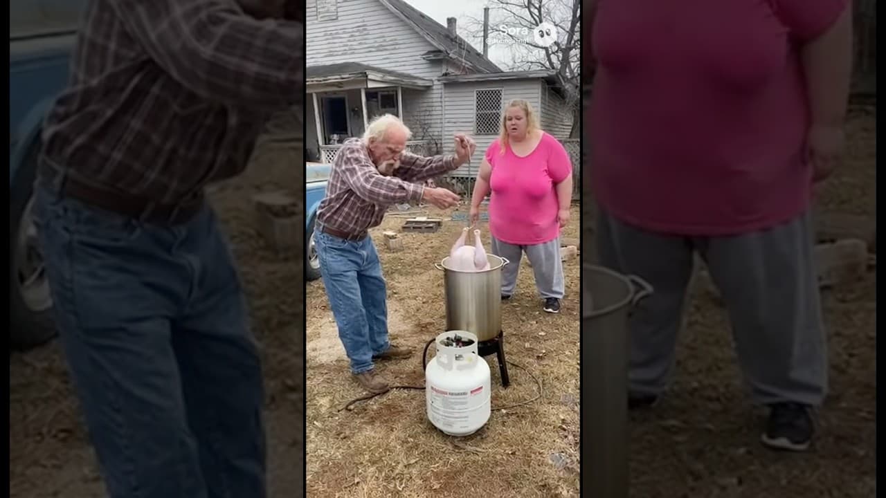 Becky and Grandpa frying turkey. 🦃🔥 #thanksgiving #turkey #funny #dingalinged #comedy #funnyshorts