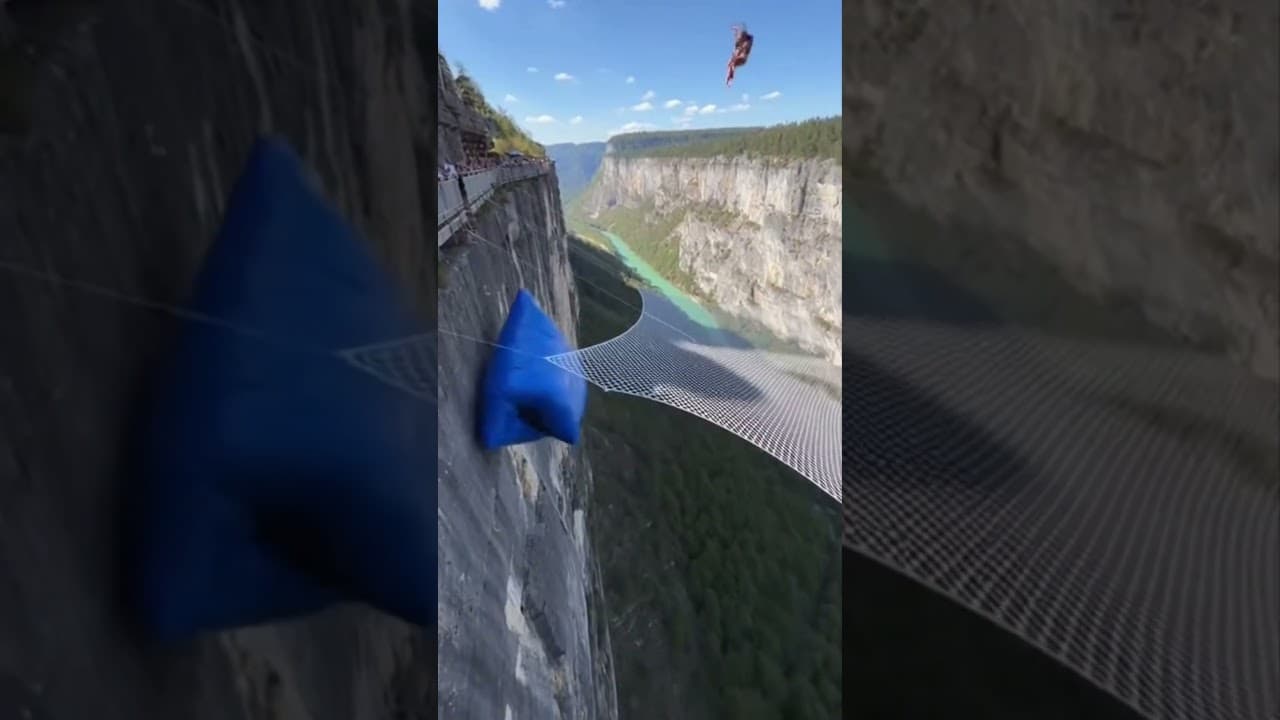 Cliff airbag is wild! 😱🔥 Guy jumps, girl flies! #ScaryRide #TravelWonderGuy