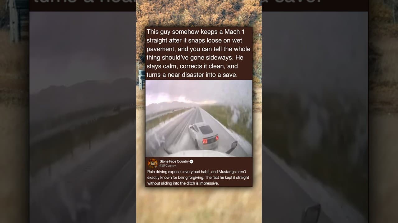 This guy somehow keeps a Mach 1 straight after it snaps loose on wet pavement, and you can tell the