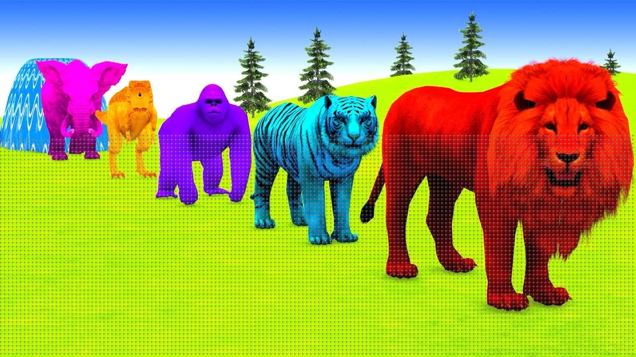 Long Slide Game With Cow Elephant Gorilla Hippopotamus Tiger - 3d Animal Game - Funny 3d Animals