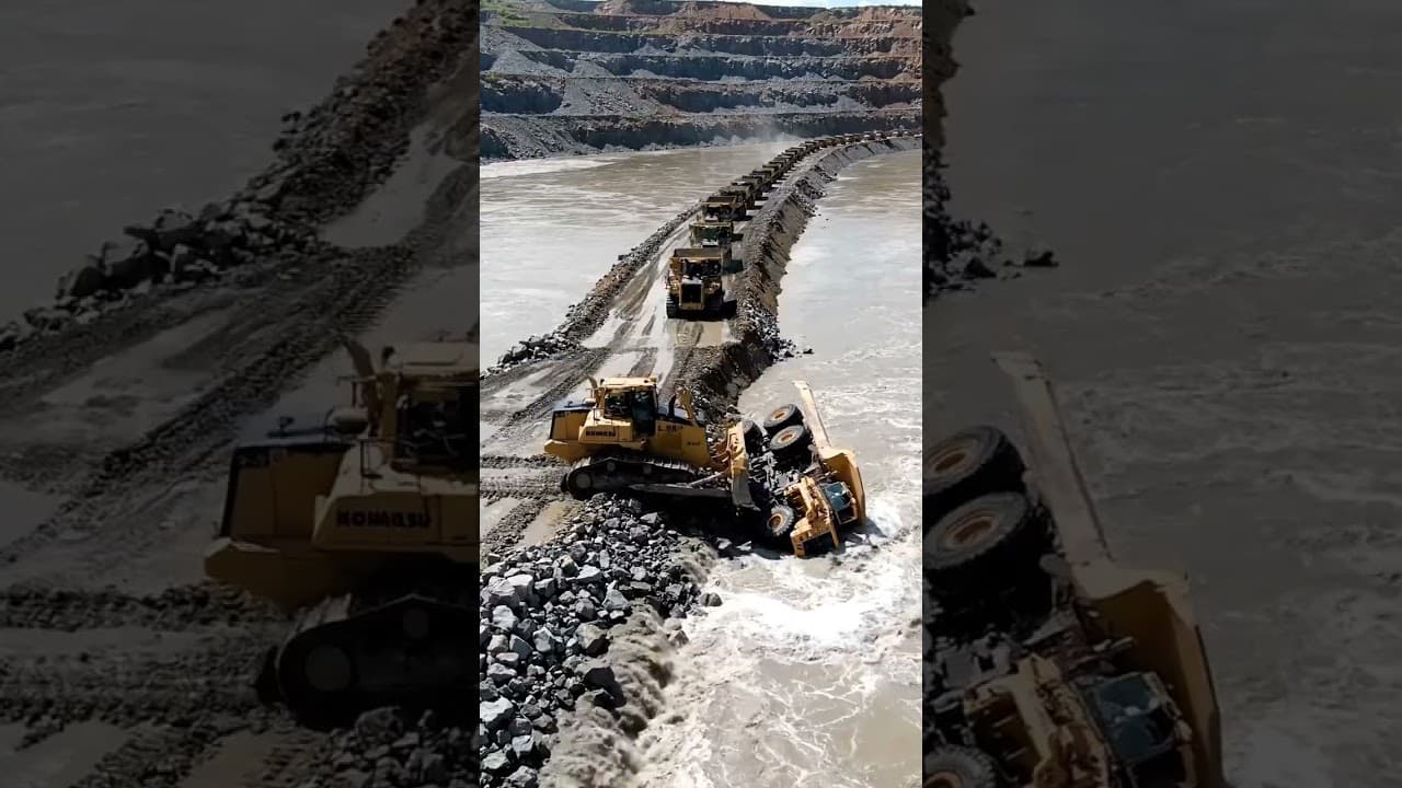 Massive Dump Truck Convoy Building a Coastal Road