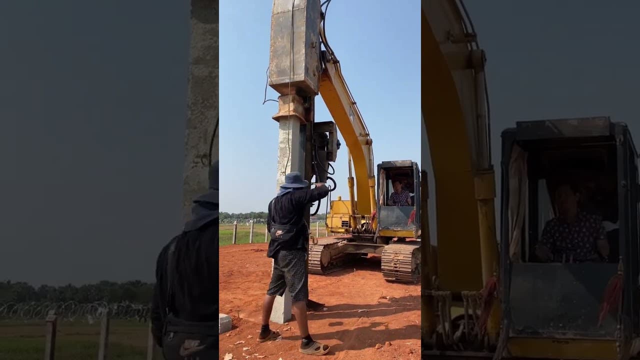 concrete piles drive by excavator