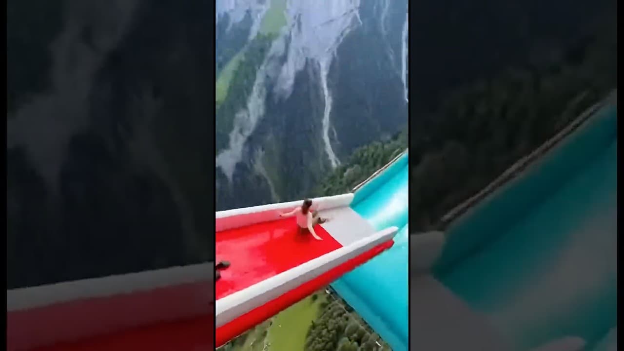 Cliff Slide is Insane! 😱🔥 Girl Slides with Instructor on Cliff Airbag! #cliffactivity #cliffslide