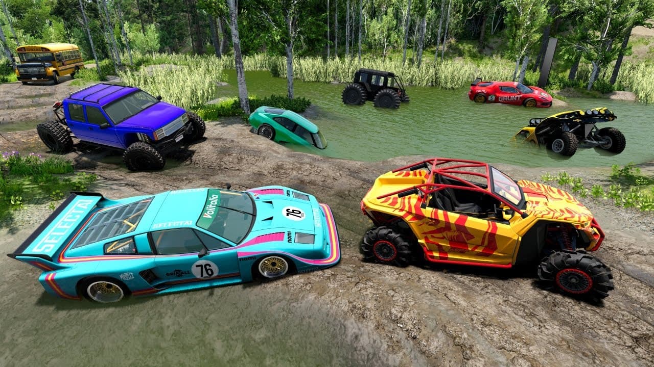 Racing Random Cars in Deep Mud and Water