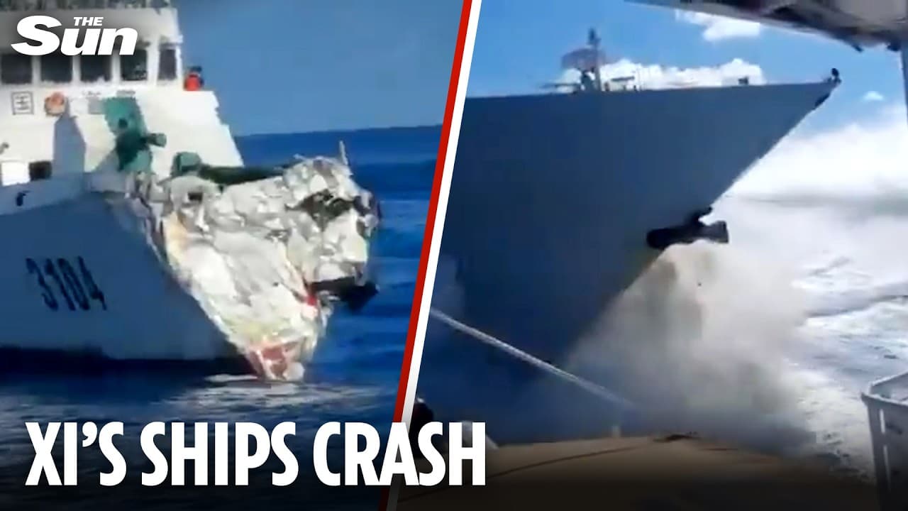 Moment Chinese ships CRASH while tailing Filipino boat in South China Sea