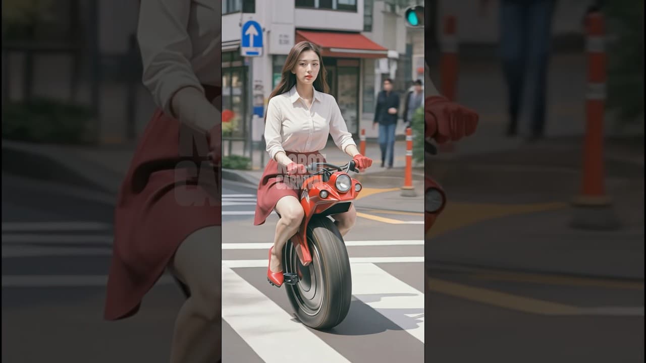 #tokyo Streets: Woman in Red Rides Futuristic One-Wheel #motorcycle #robot #fantasy #cyberpunk